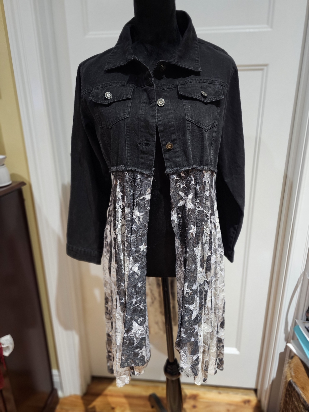 Black Denim Jacket with Star Lace Hem